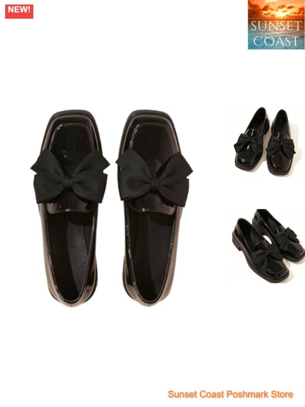 Women's Bow Knot Square Toe Kitten Heel Loafers in Faux Leather, Business Casual